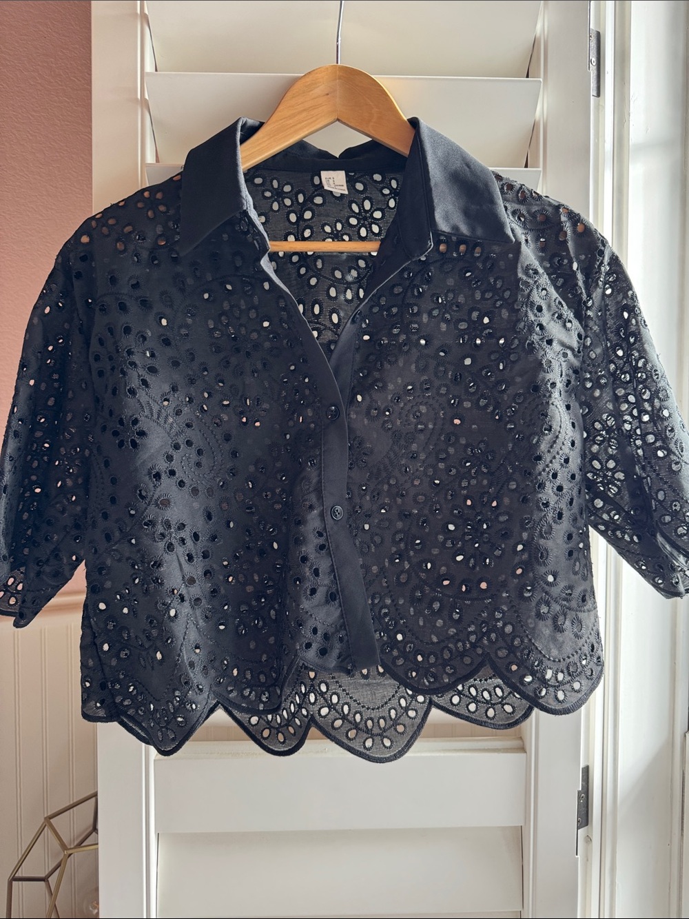 Source Unknown Black Eyelet Cropped Button-Up Top
